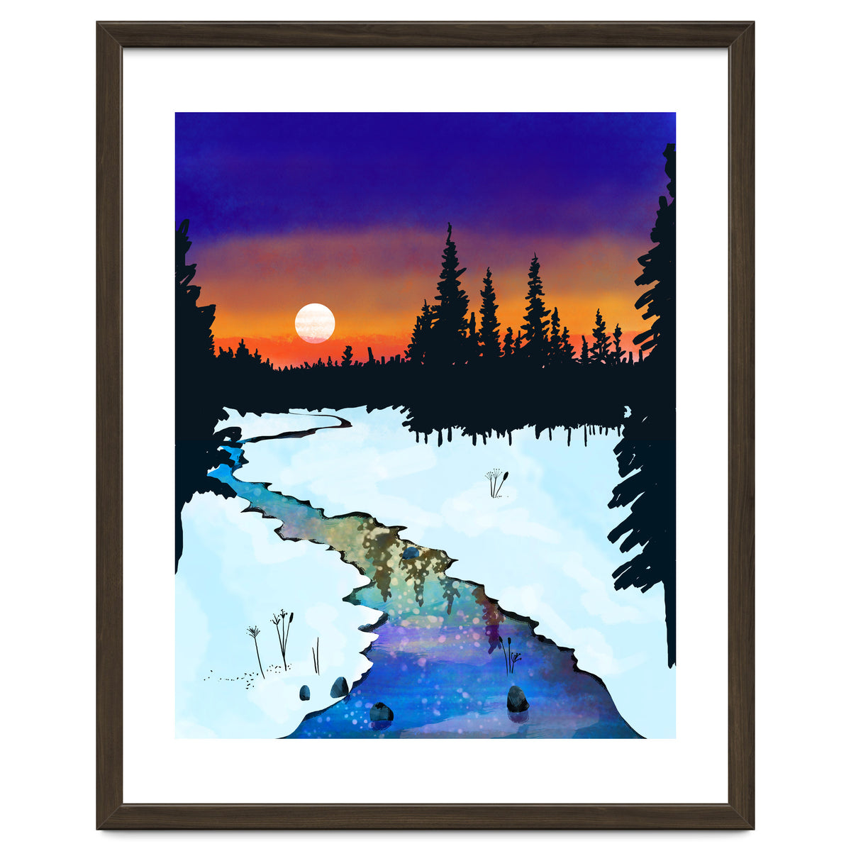 Purple Midnight, Snow River Full Moon Nature Landscape Painting, Winter Travel Adventure Places