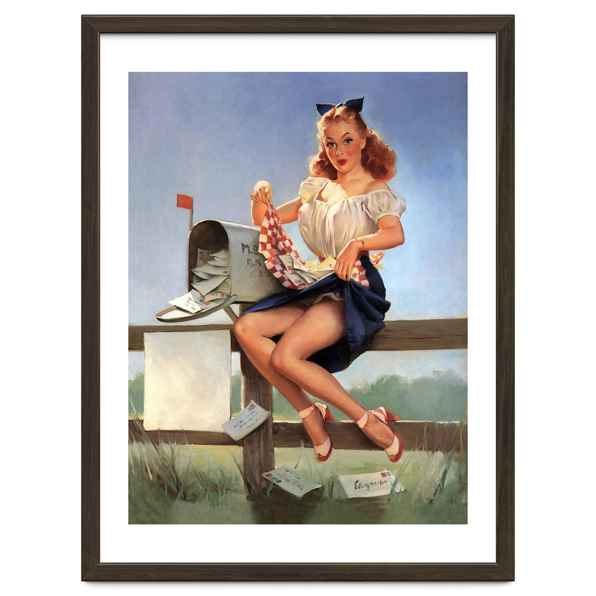 Countryside Pinup Girl Posing On A Fence With Love Letters And A Full Mailbox