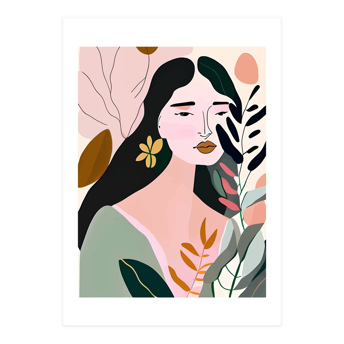 Reinvent, Beautiful Woman Girl Pastel Line Art, Minimal Botanical Nature Portrait, Modern Bohemian Drawing Nomadic Summer Self Love (Print Only)