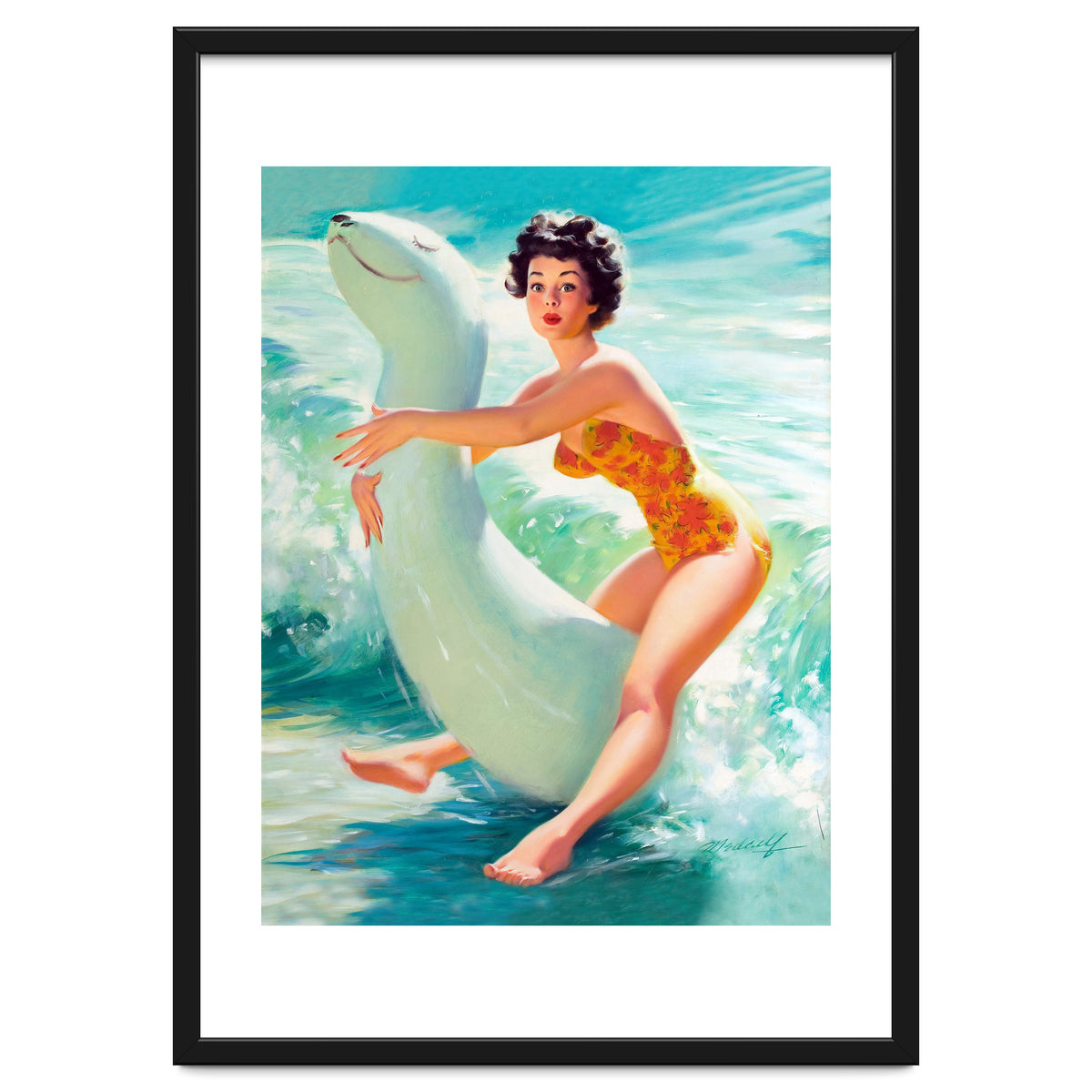 Happy Pinup Girl On The Beach Hugging Her Rubber Toy