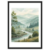 Serene River Valley in Soft Watercolor