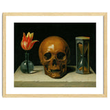 Vanitas, allegory of fleeting time with skull and hour-glass. Oil on canvas. thumbnail
