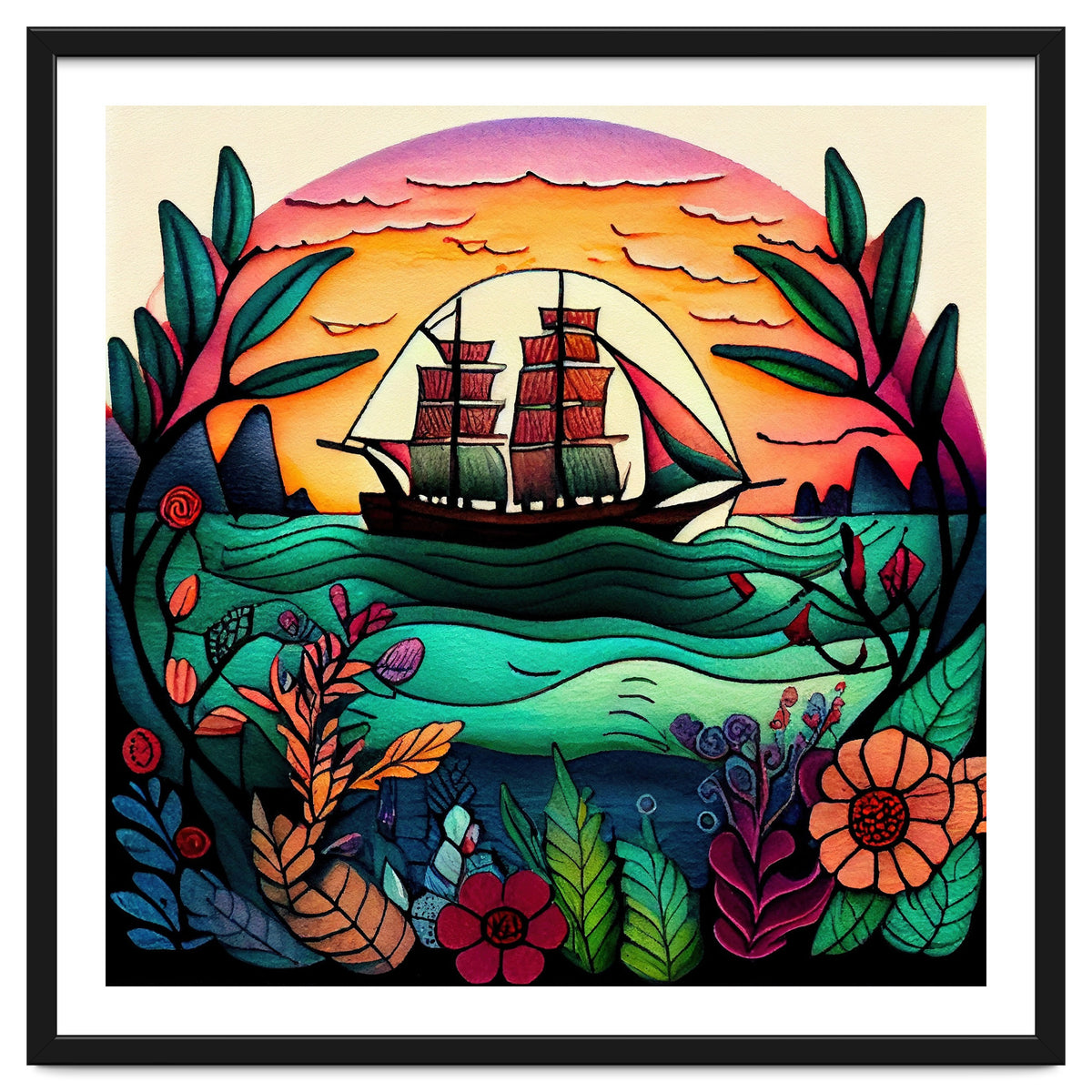 Folk Sunset Sailing Ship