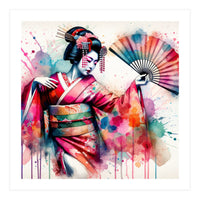 Vibrant Geisha With Rainbow Hand Fan (Print Only)