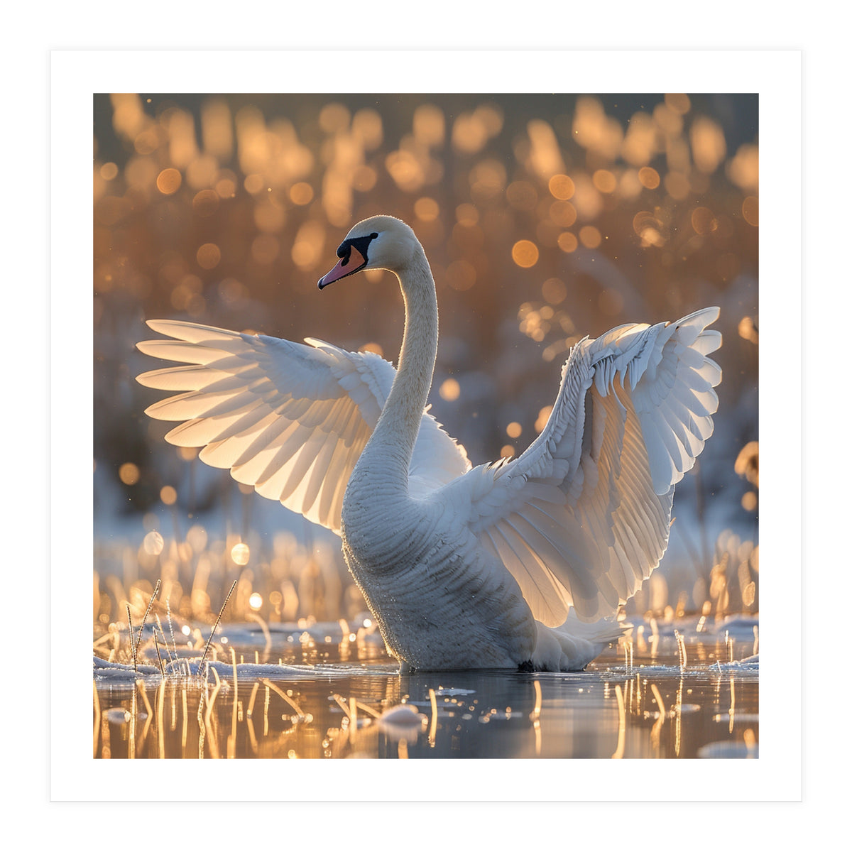 Swan Spreading Wings In Water Sunlight (Print Only)