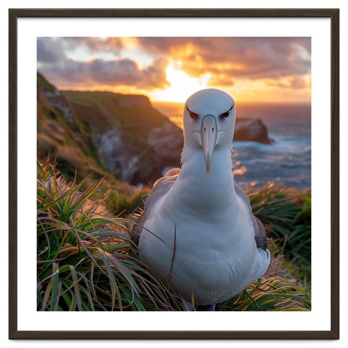 Albatross Bird On Grassy Cliff At Sunset