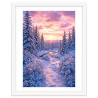 Winter Sunset Glow: Serene Snowy Forest and Frozen Creek