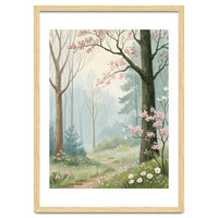 Enchanted Spring Woodland Path with Blooming Cherry Blossoms and Misty Pastel Forest Atmosphere