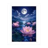 Moonlit Lotus Pond: Serene Nighttime Floral Landscape (Print Only) thumbnail