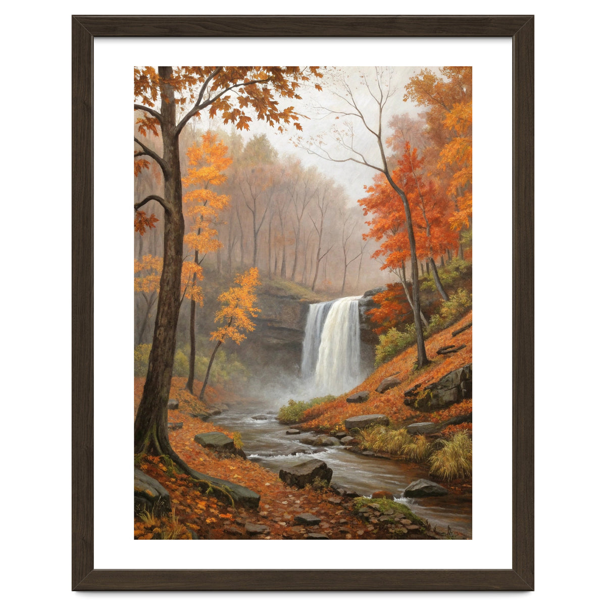 Serene Autumn Waterfall in Misty Forest