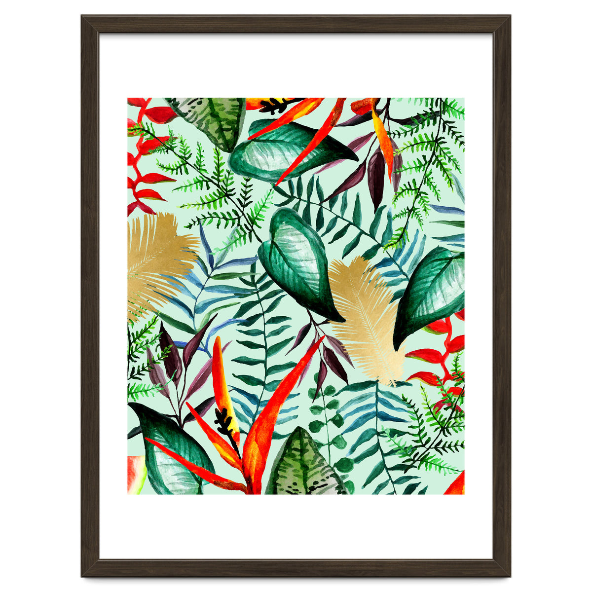 Paradise, Tropical Jungle Botanical Bohemian Illustration, Palm Bird of Paradise Gold Painting