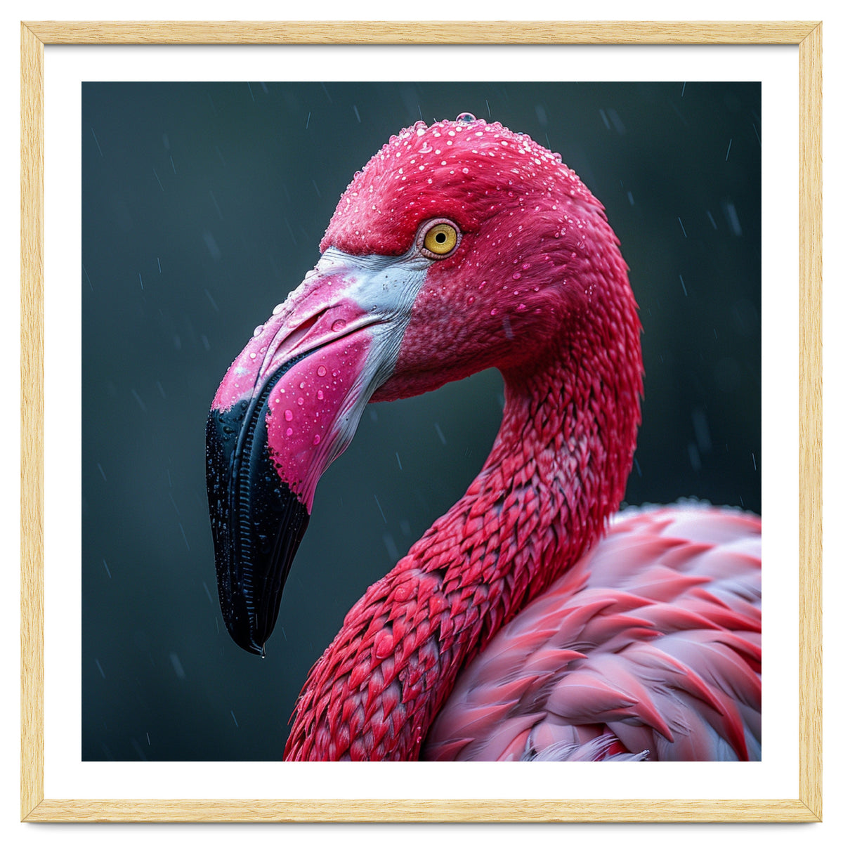 Close Up Pink Flamingo In Rain Drops