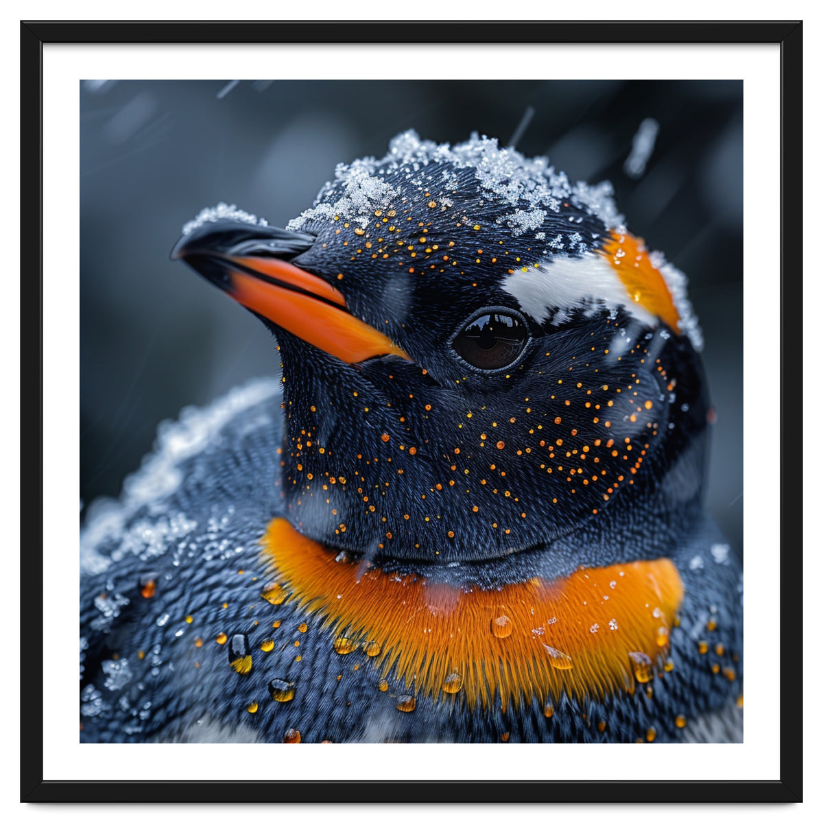 Close Up Penguin In Snow With Water Droplets