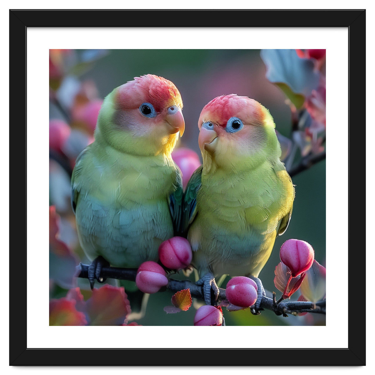 Two Lovebirds On A Branch Surrounded By Berries