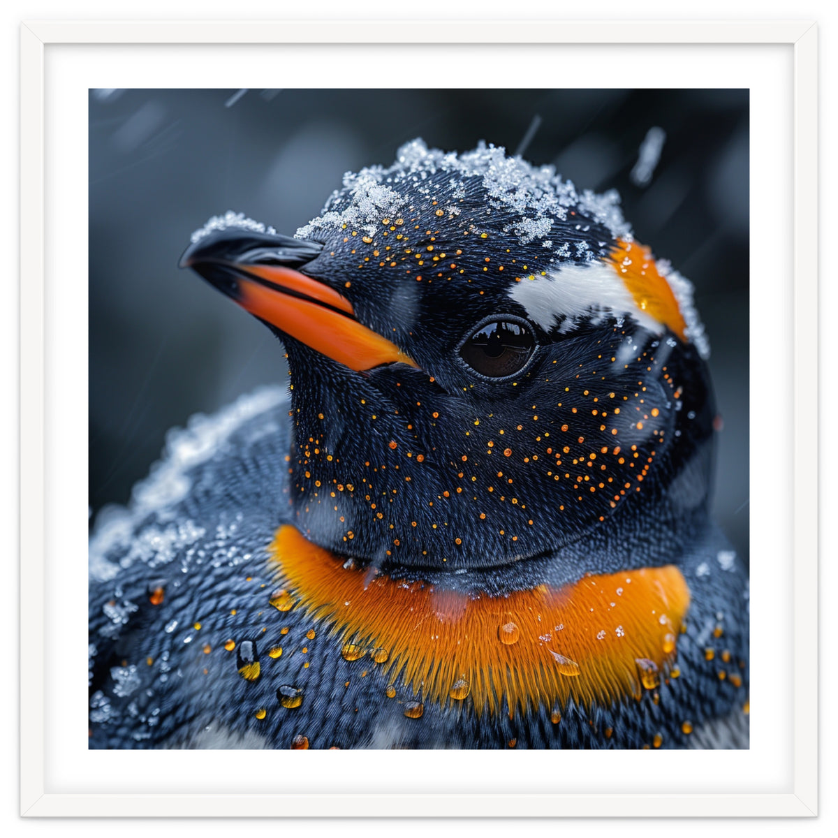 Close Up Penguin In Snow With Water Droplets