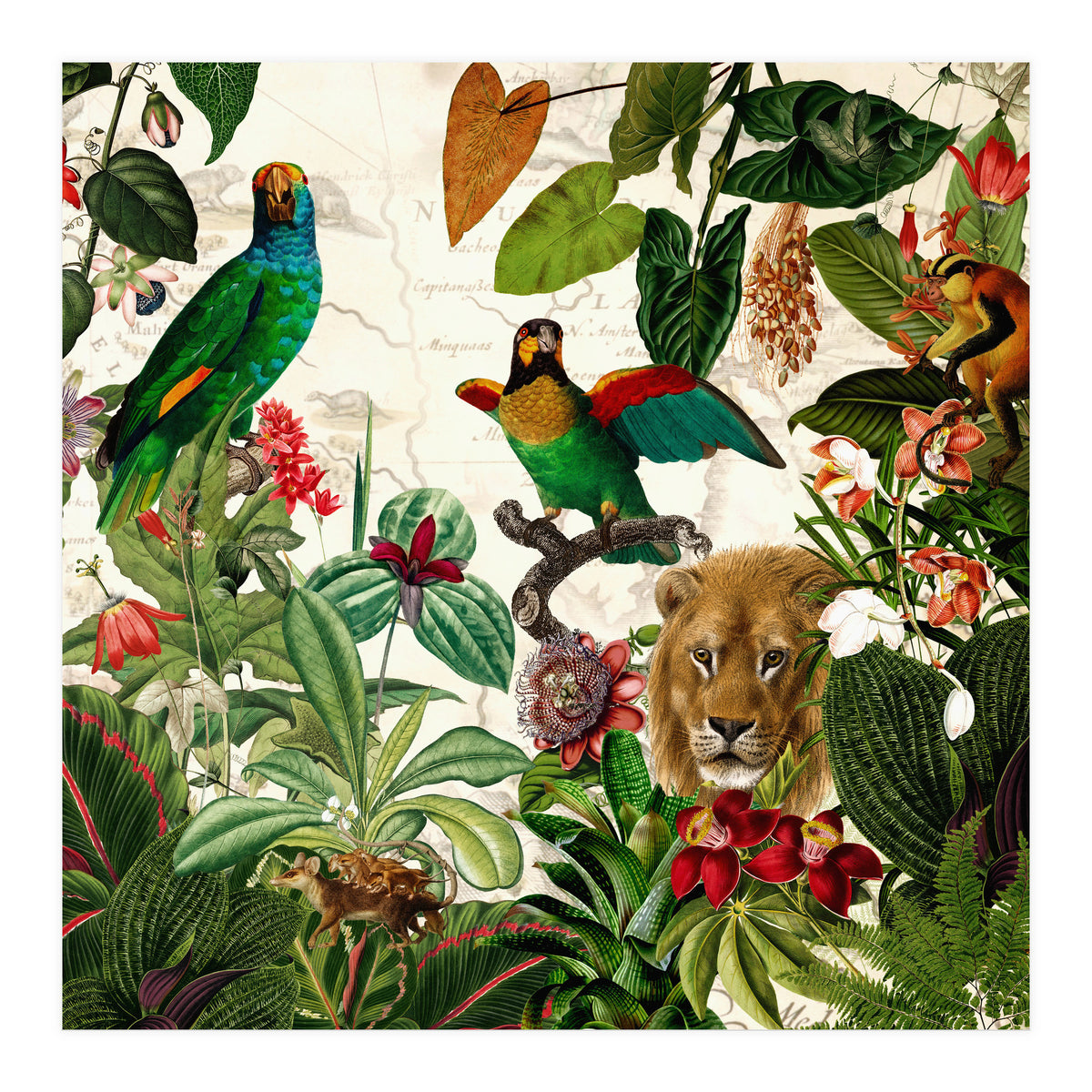 Exotic Lush Jungle And Wild Animals Landscape  (Print Only)
