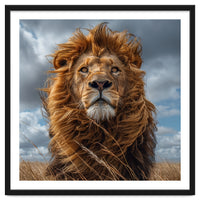 Majestic Lion Portrait Windblown Mane Outdoors