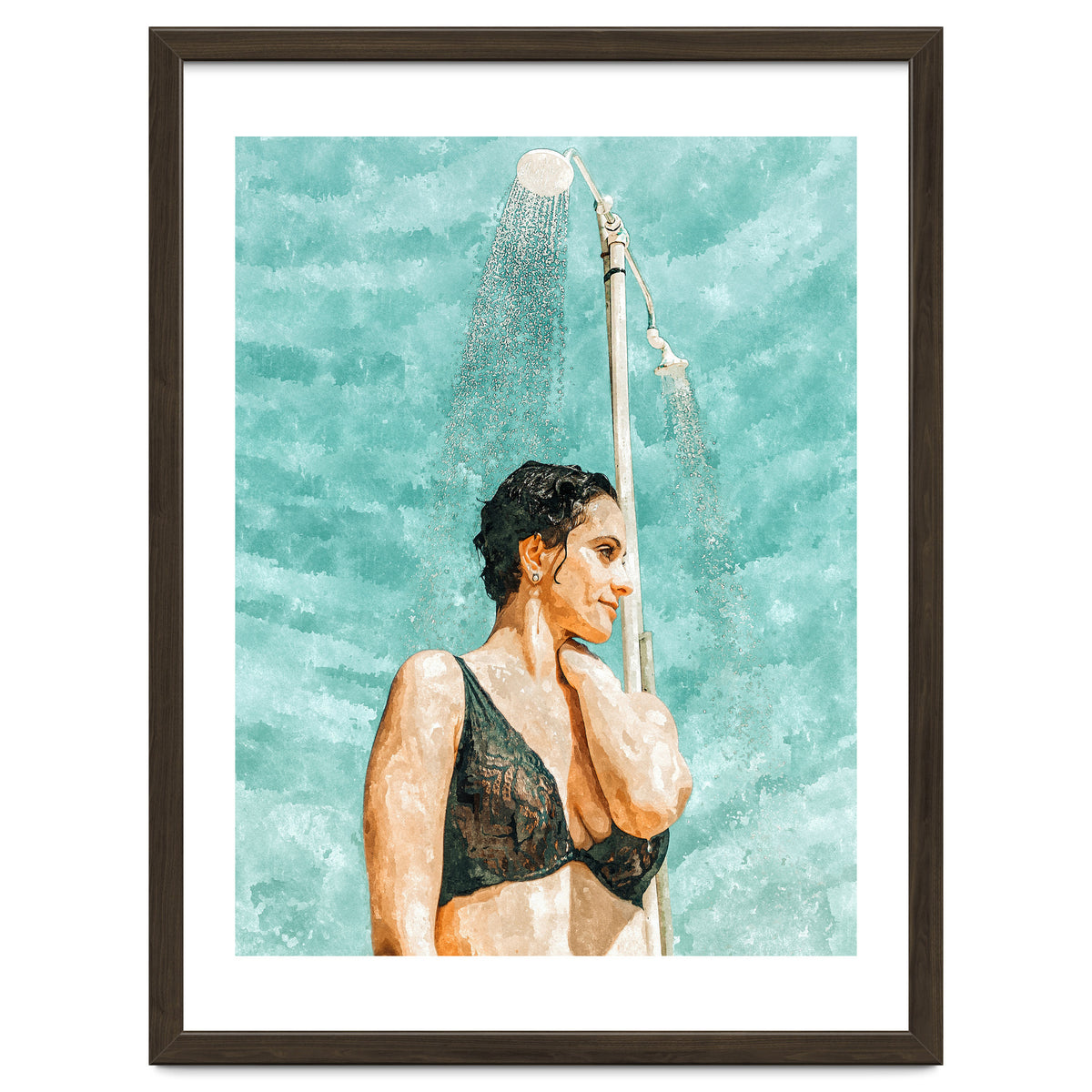 Bathe | Woman Pool Shower | Summer Swim Watercolor Painting | Brunette Bikini Boho Fashion