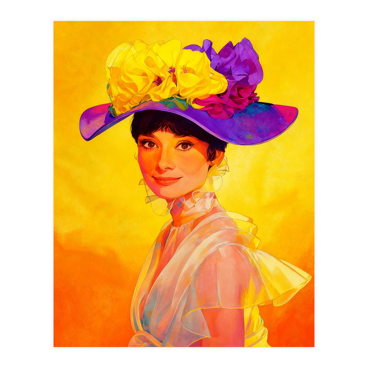 Audrey Hepburn Pop Art, Vibrant Floral Hat Portrait, Iconic Movie Star Illustration (Print Only)