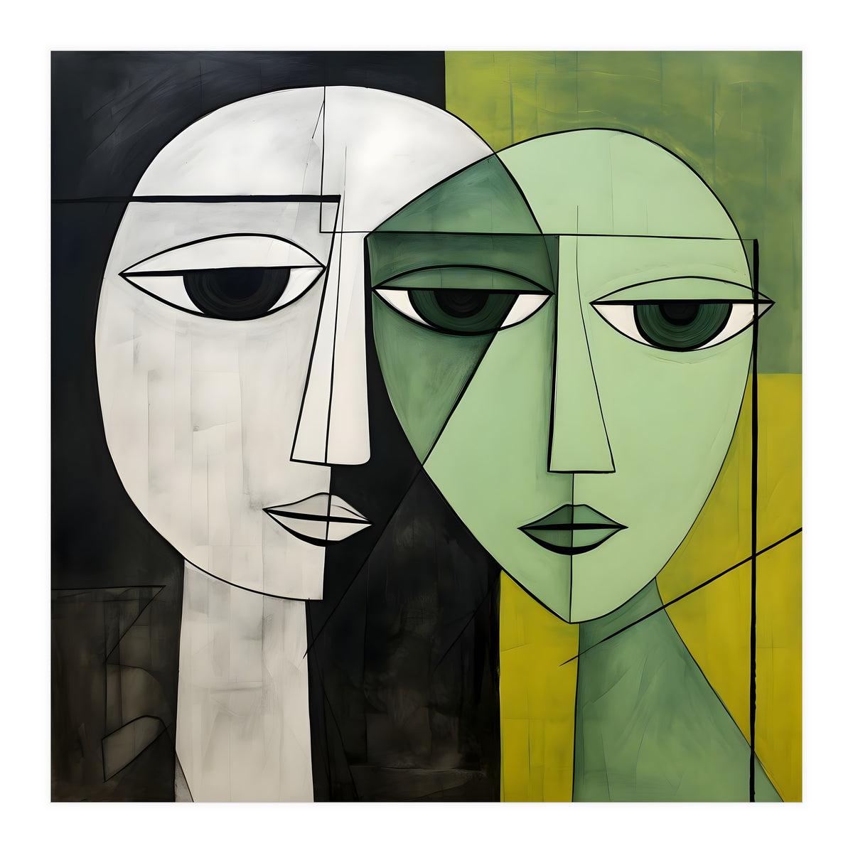 DYNAMIC FUSION, Two abstract heads converge - vibrant green tones intertwine with cool grey hues, a dance of contrast and connection. (Print Only)