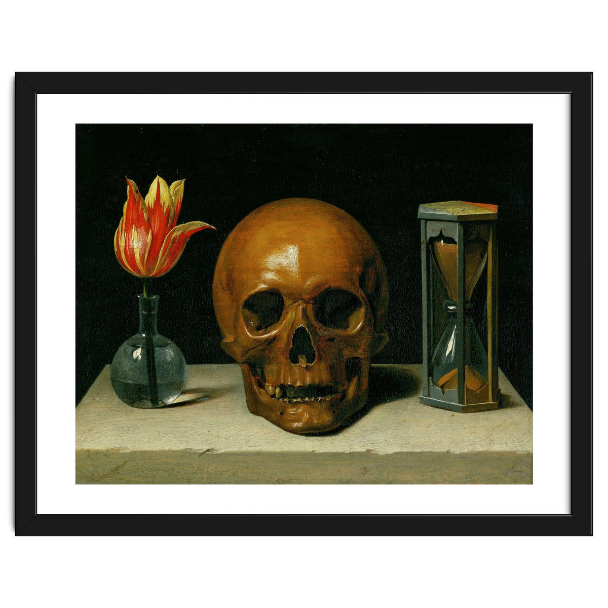 Vanitas, allegory of fleeting time with skull and hour-glass. Oil on canvas.