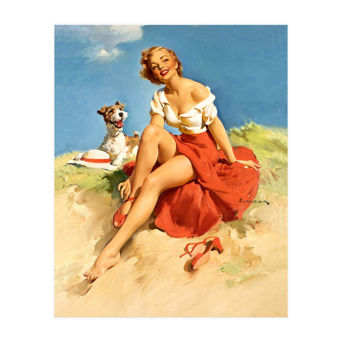 Sexy Pinup Girl On The Beach With Her Dog (Print Only)