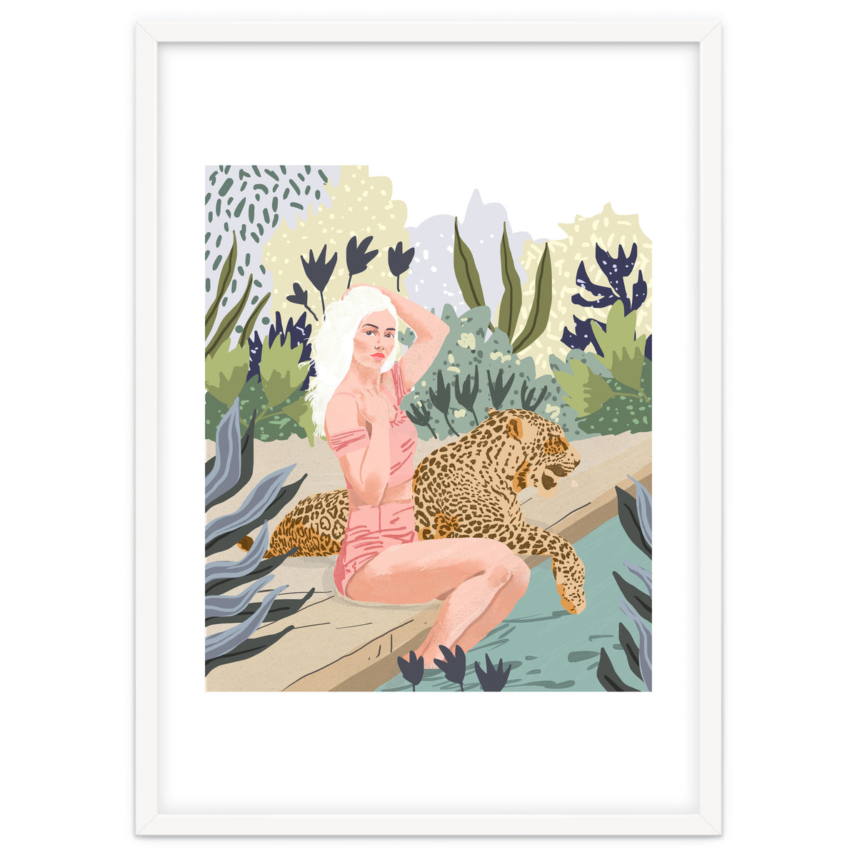 How to Train Your Leopard, Wild Cat Bohemian Woman Painting, Swimming Pool Bikini Summer Swim Animal
