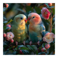 Two Lovebirds Perched On A Branch Near Flowers (Print Only)