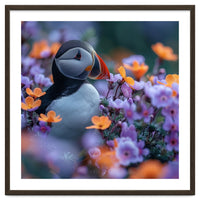 Puffin Bird Among Vibrant Purple And Orange Flowers
