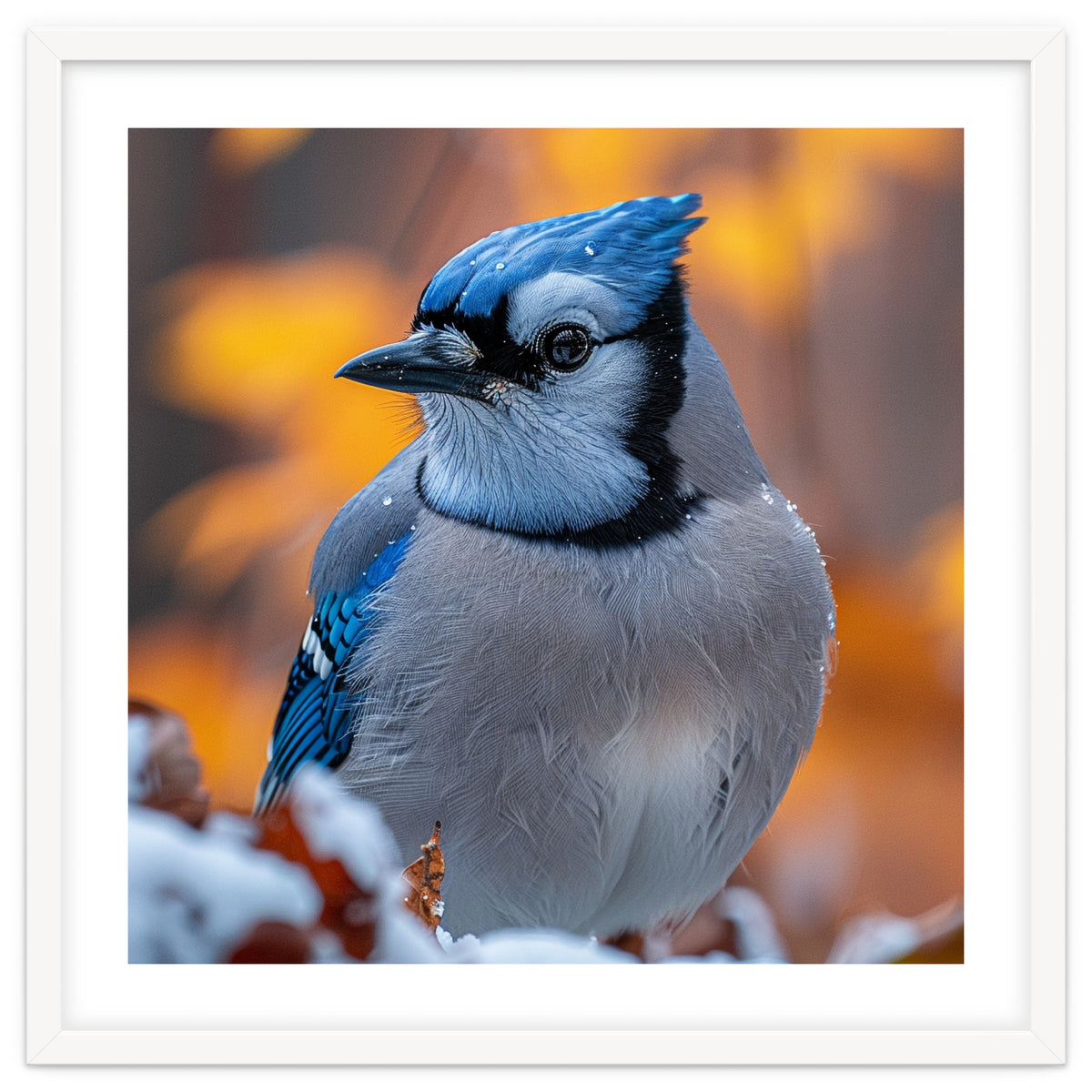 Blue Jay Bird In Winter Snowfall And Leaves