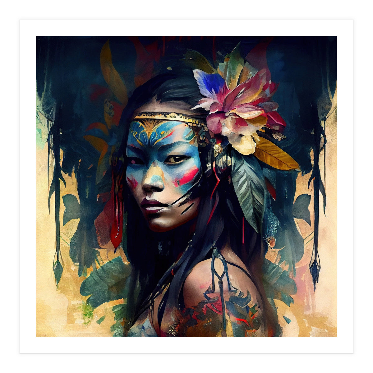 Floral Native Asian Warrior Portrait (Print Only)