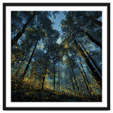 Celestial Forest Canopy with Swirling Golden Fireflies and Deep Twilight Blue Sky Digital Art thumbnail
