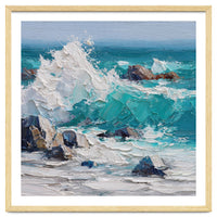 Dynamic Crashing Turquoise Ocean Wave Against Rugged Coastal Rocks