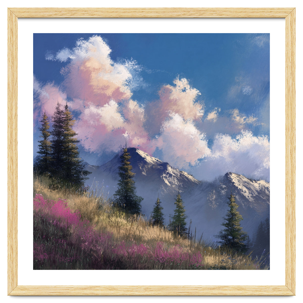 Alpine Summer Meadow with Vibrant Wildflowers and Snow