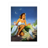 Beautiful Pinup Girl Feeding White Pigeons (Print Only) thumbnail