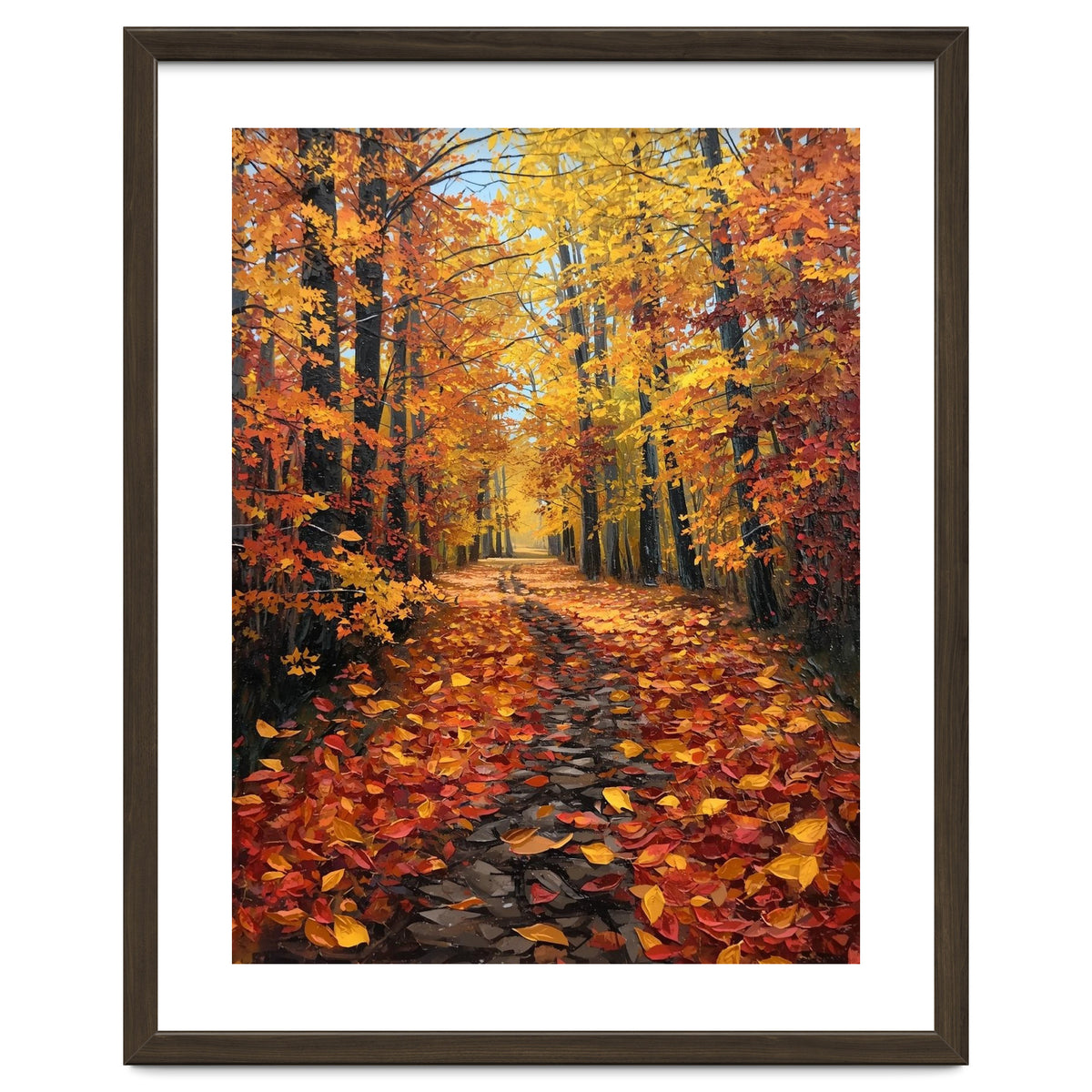 Sun-Drenched Golden Forest Path with Vibrant Autumn Foliage