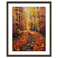 Sun-Drenched Golden Forest Path with Vibrant Autumn Foliage