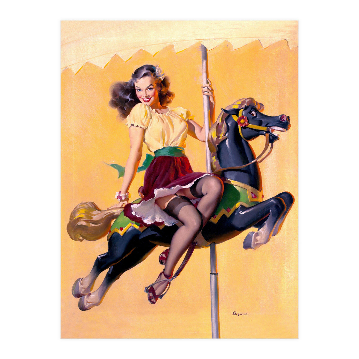 Pinup Sexy Girl Riding A Wooden Horse (Print Only)
