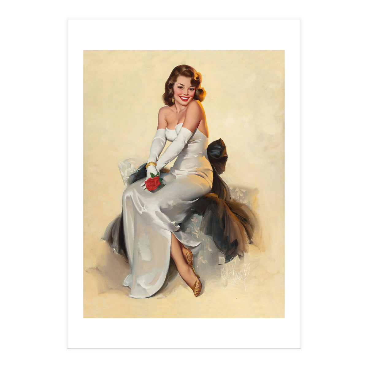 Smiling Young Woman Posing With Flower (Print Only)