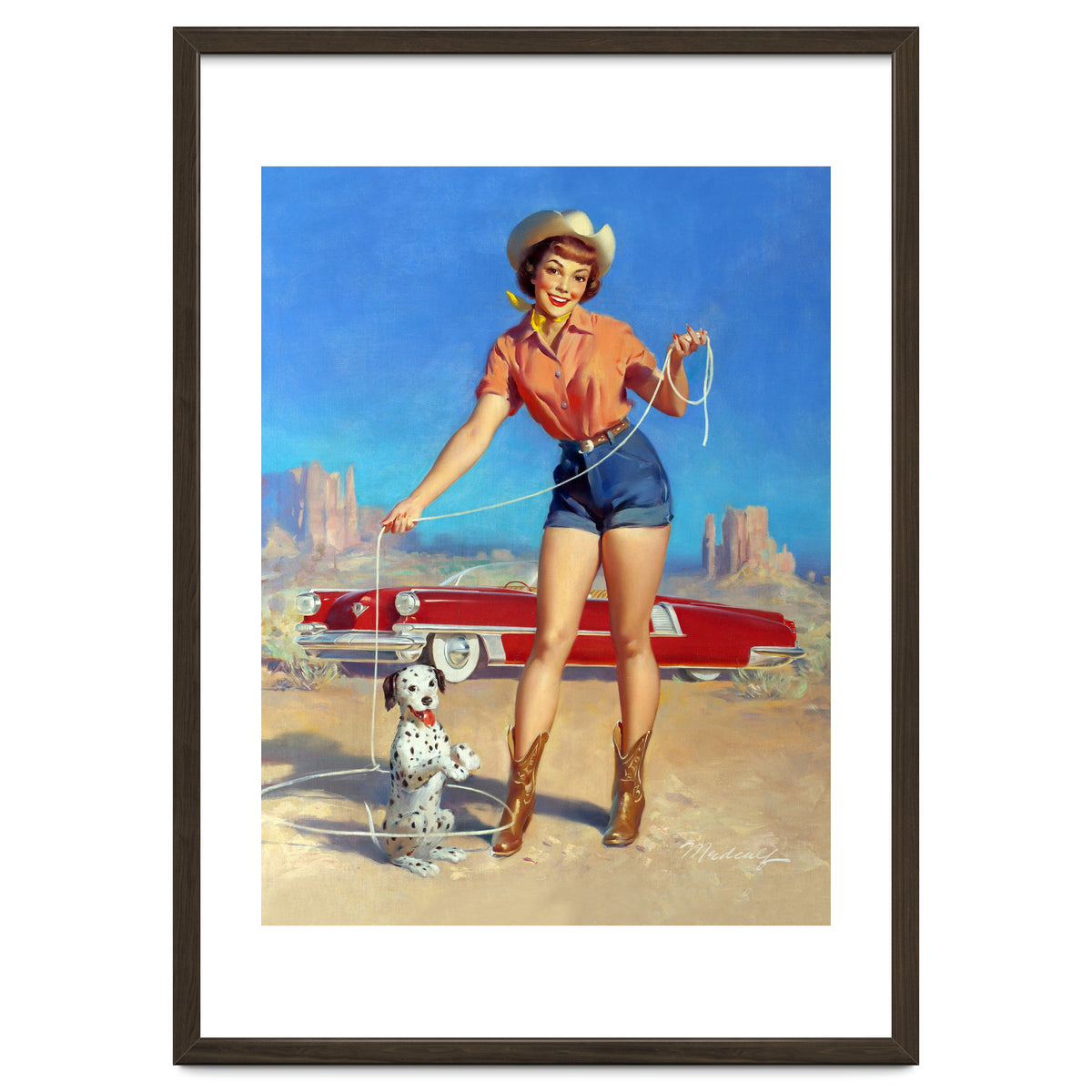 Pinup Cowgirl Showing A New Dog Trick