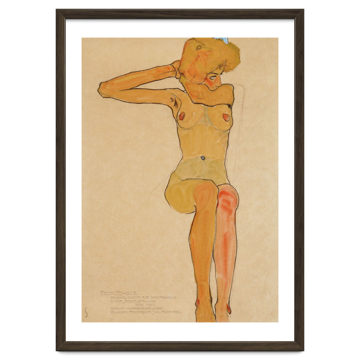 Seated female nude with raised right arm,1910 Gouache,.