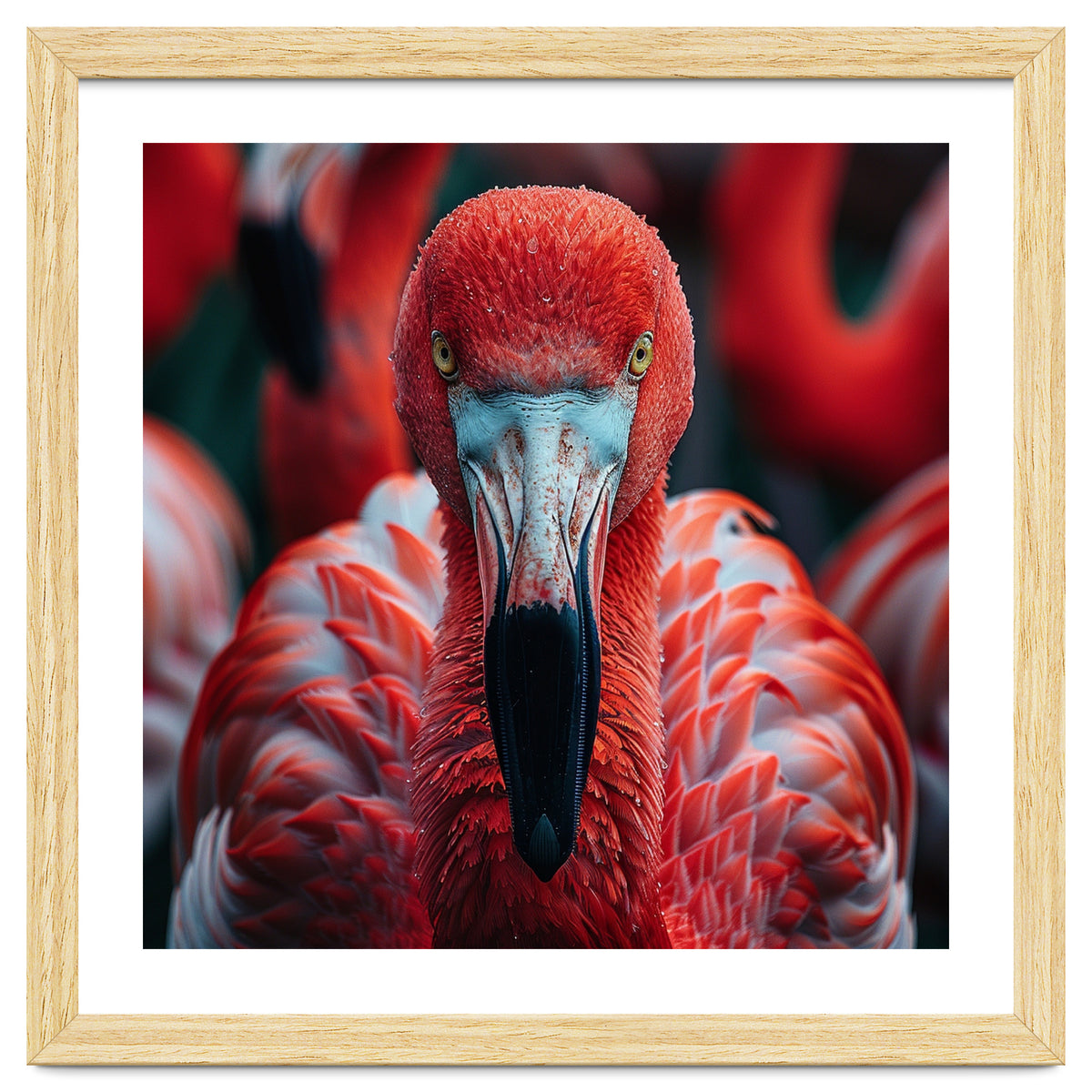 Close Up Flamingo Head With Bright Red Feathers