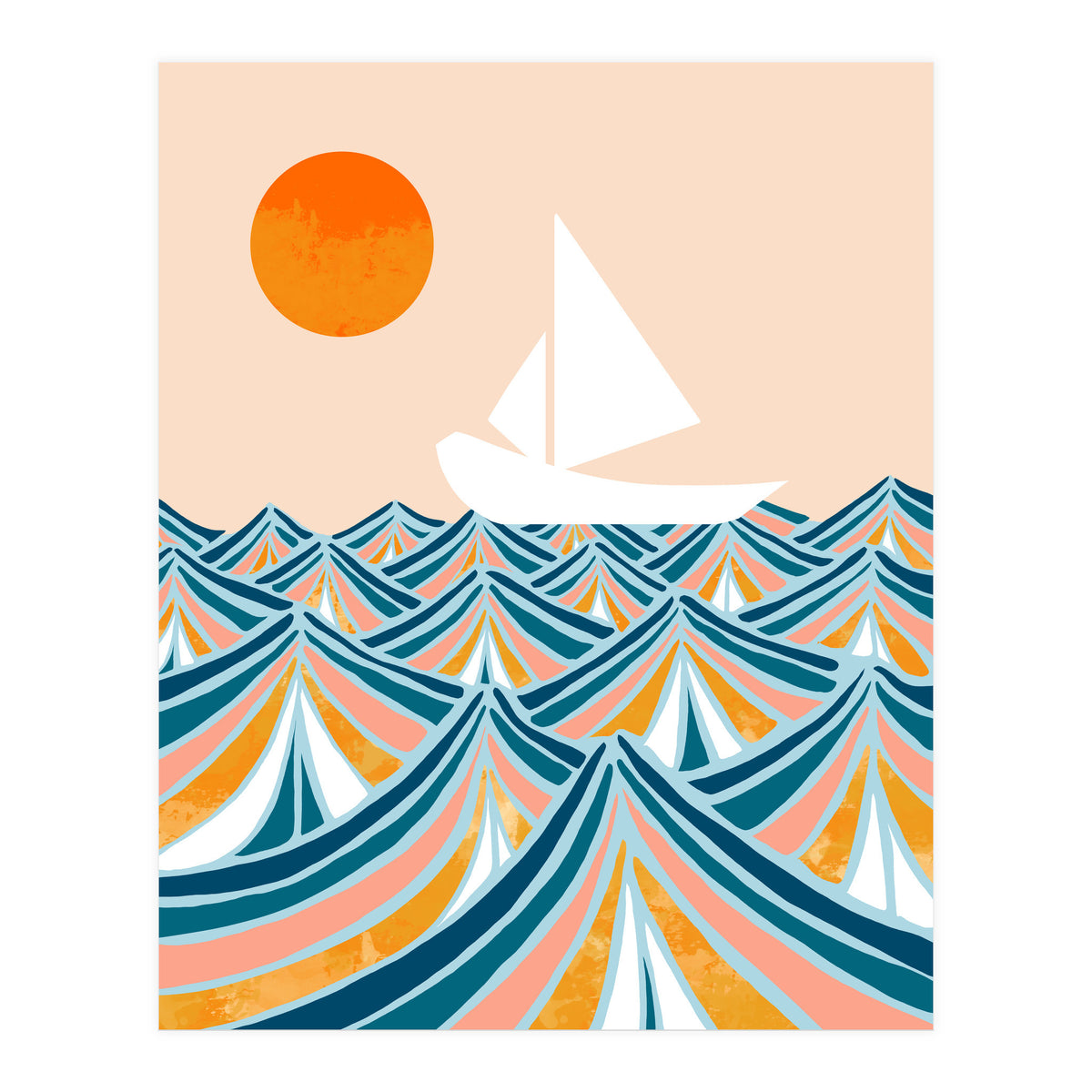 Set Sail, Ocean Boat Sailing Travel, Sea Cruise Summer Waves, Graphic Design Bohemian Modern Eclectic (Print Only)