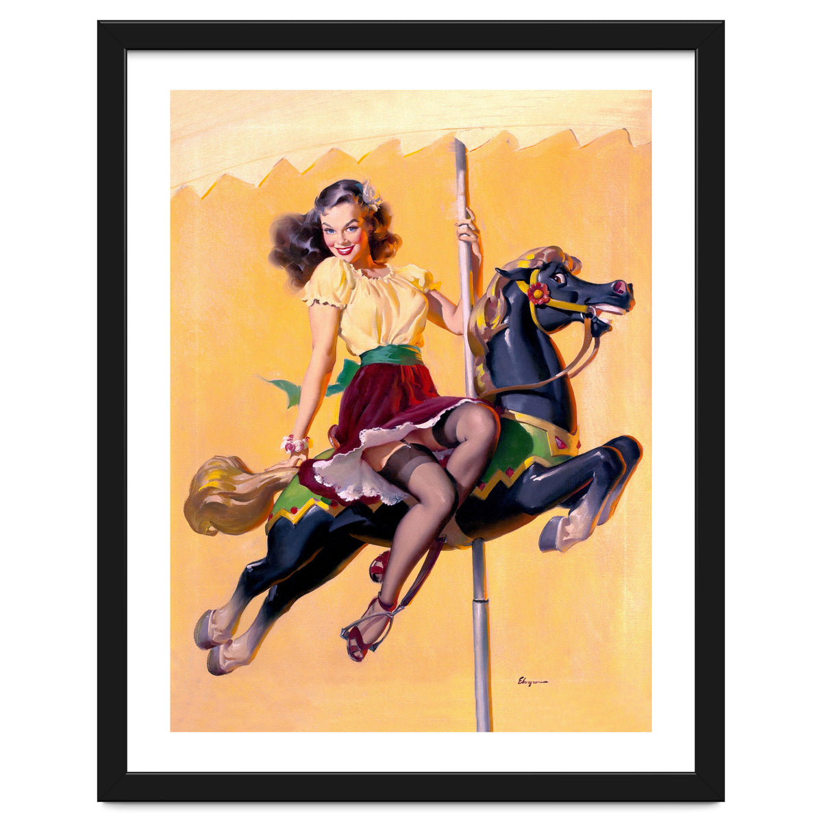 Pinup Sexy Girl Riding A Wooden Horse