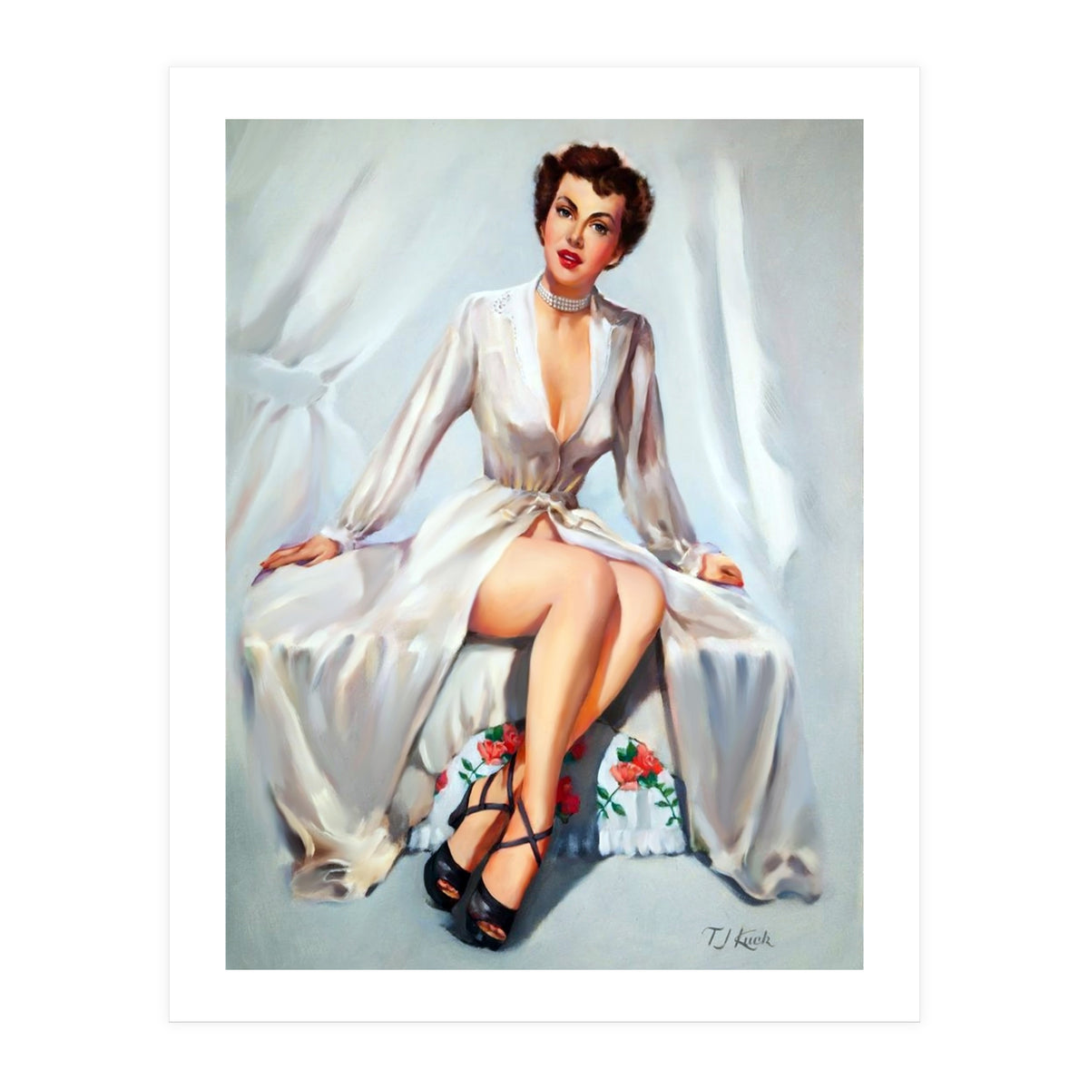Beautiful Sexy Pinup In Posing Long White Dress (Print Only)