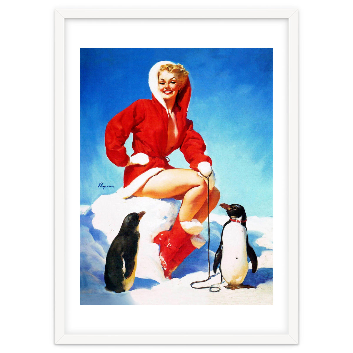 Pinup Sexy Woman Posing With Two Penguins