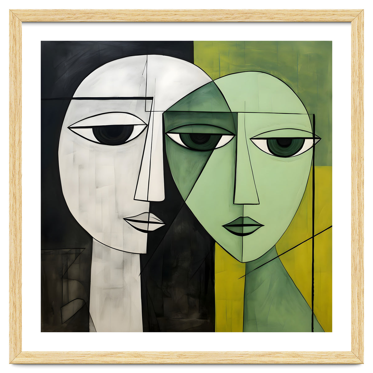 DYNAMIC FUSION, Two abstract heads converge - vibrant green tones intertwine with cool grey hues, a dance of contrast and connection.