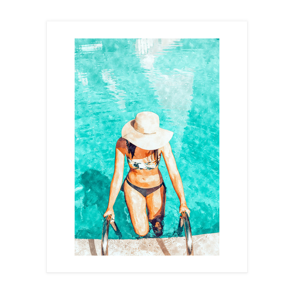 Pool Fashion | Modern Bohemian Woman Swim Watercolor Painting | Contemporary Travel (Print Only)
