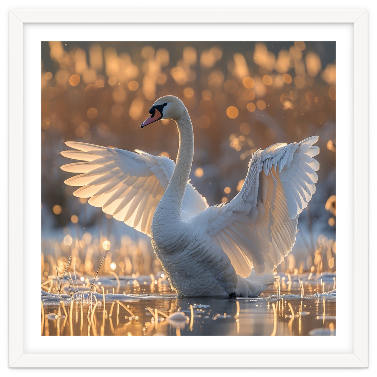 Swan Spreading Wings In Water Sunlight