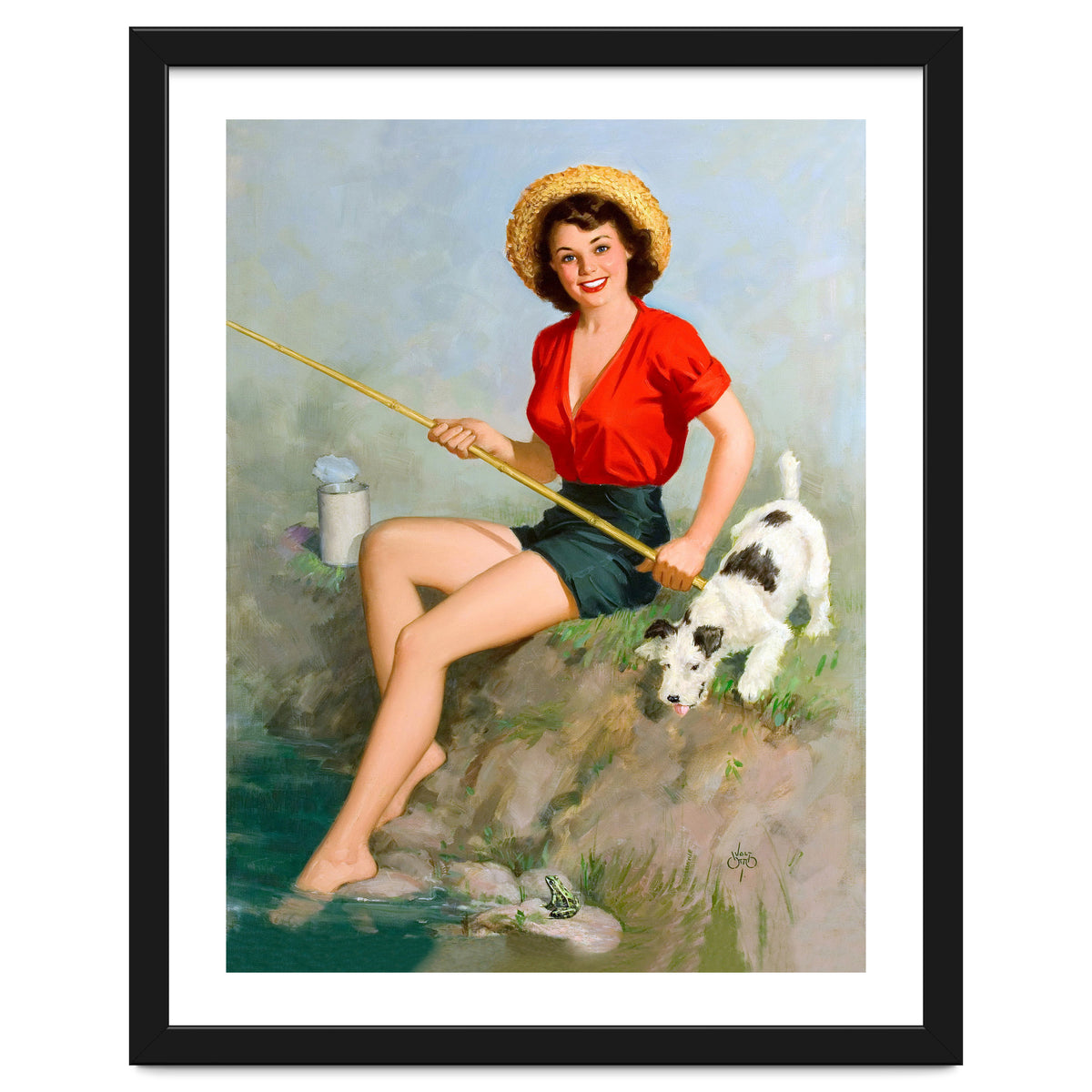 Pinup Girl Fishing With Her Dog